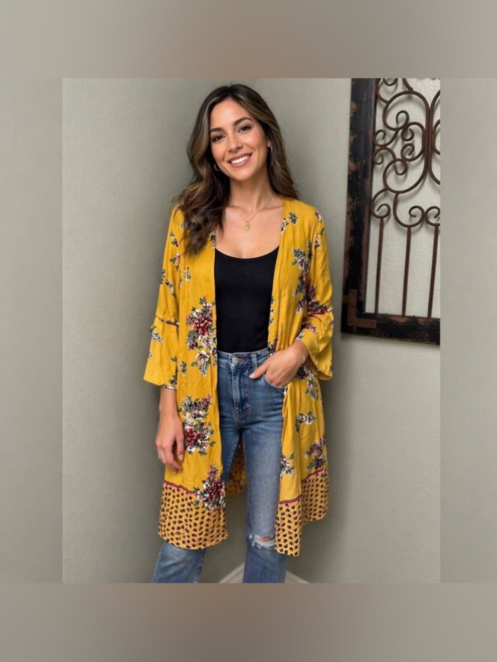 Angie mustard floral boho open long kimono